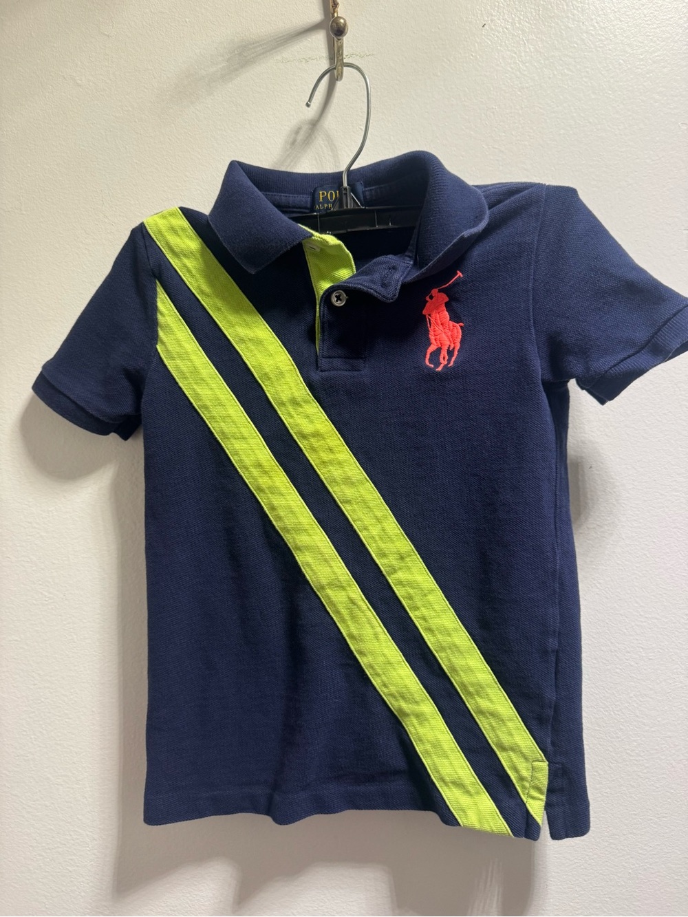 *Polo by Ralph Lauren Navy Polo with Lime Stripes & Red Logo